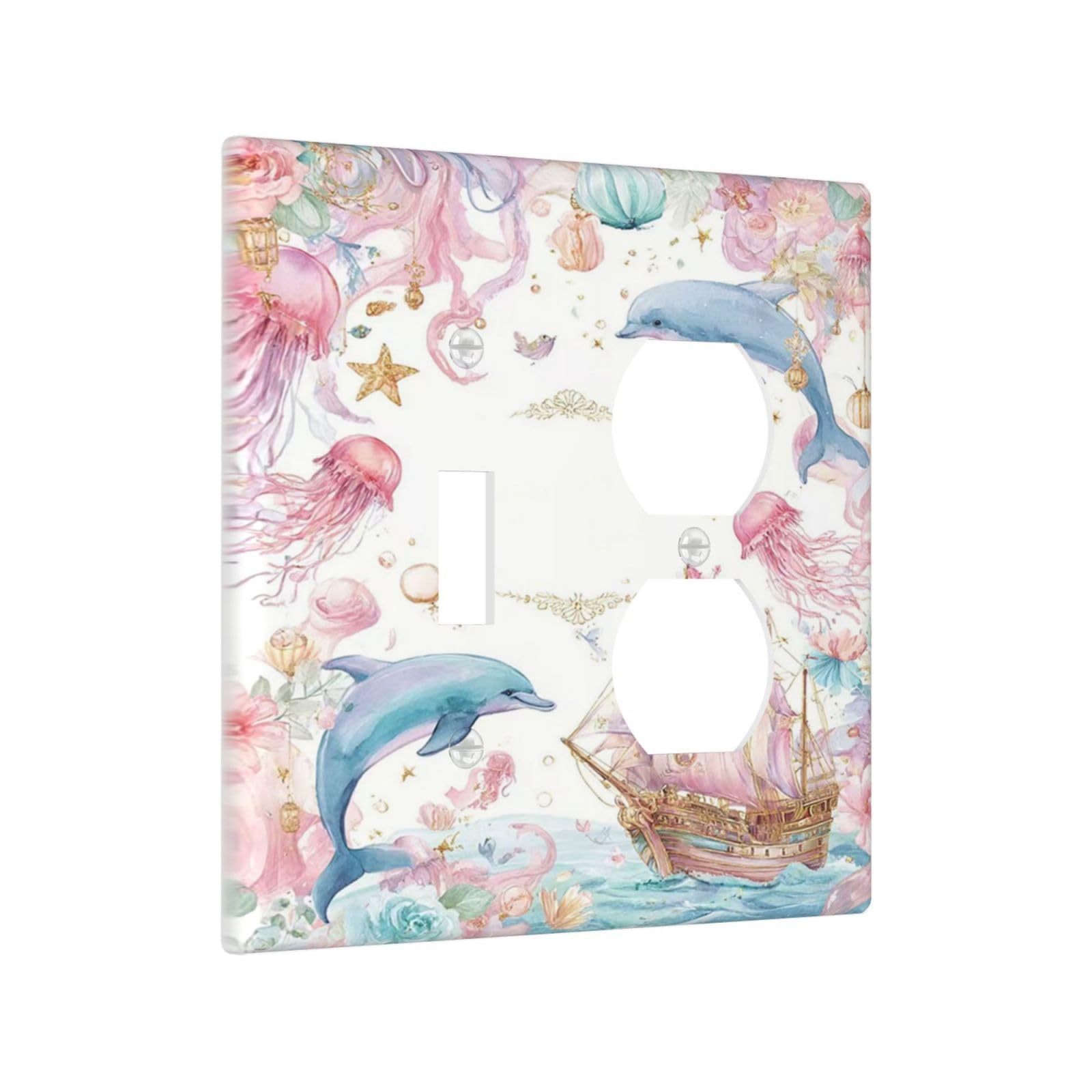 Yamxbfa Decorative Outlet Covers Whimsical Pink Pirate Ship Dolphin Jellyfish 2 Gang Light Switch Cover Plate Single Toggle Duplex Wall Plates Electrical Switch Plate Covers for Nursery Decor