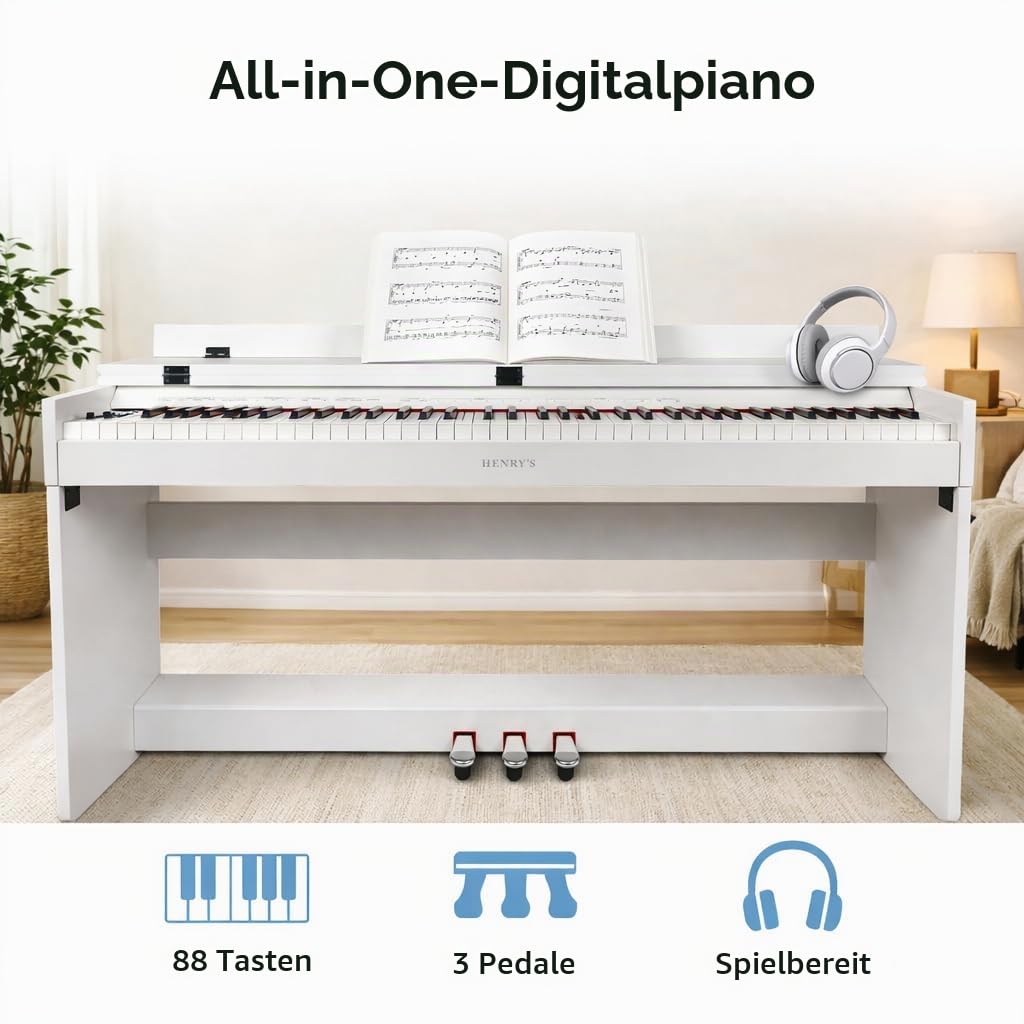 Henry`s Digital Piano Initi – 88 anschlagdynamische Tasten, 3 Pedale, Möbelgehäuse, Bluetooth MIDI – Ideal für Anfänger, wohnungsfreundlich - E Piano Digitalpiano Epiano