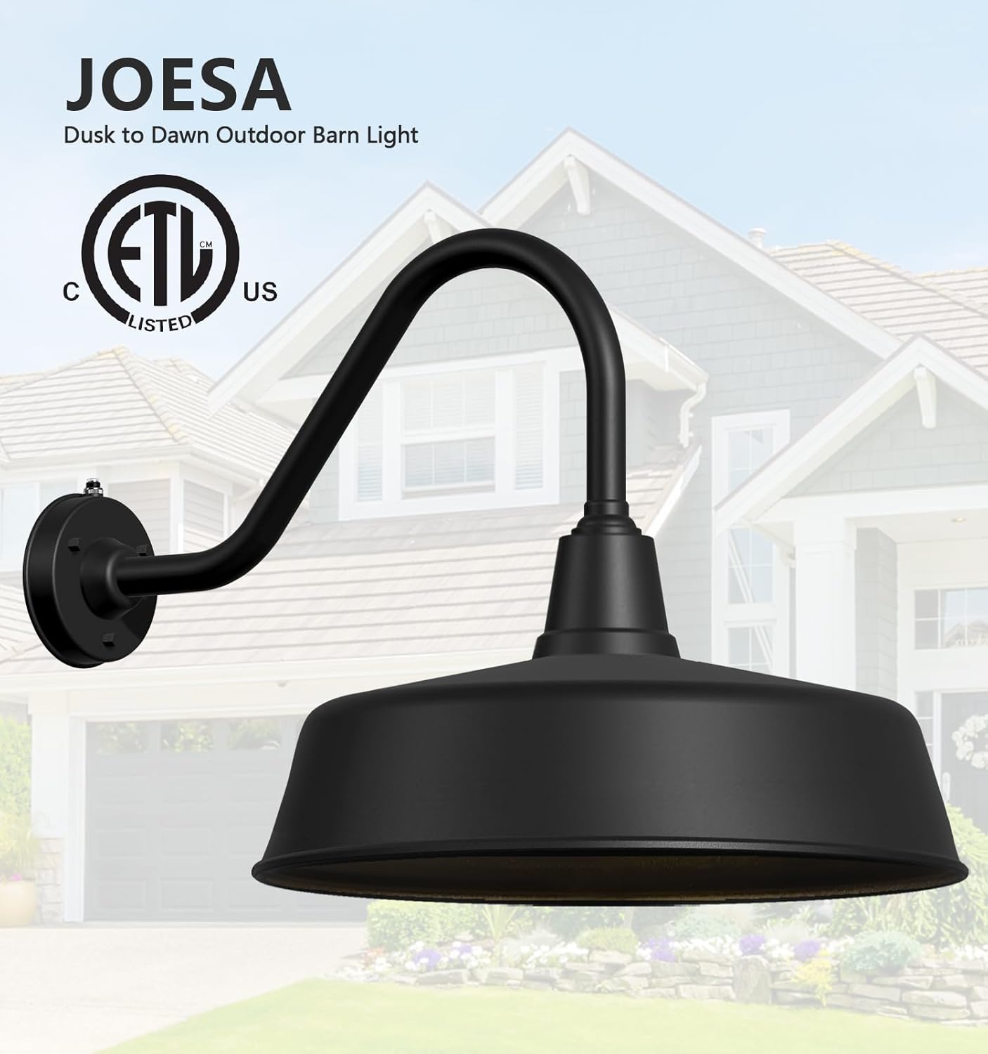 JOESA Extra Large 24 Barn Gooseneck Light, Dusk to Dawn Exterior Light Fixture, Ideal for Installation on Porch, Garage Doorway, Classic Outdoor Barn Light.