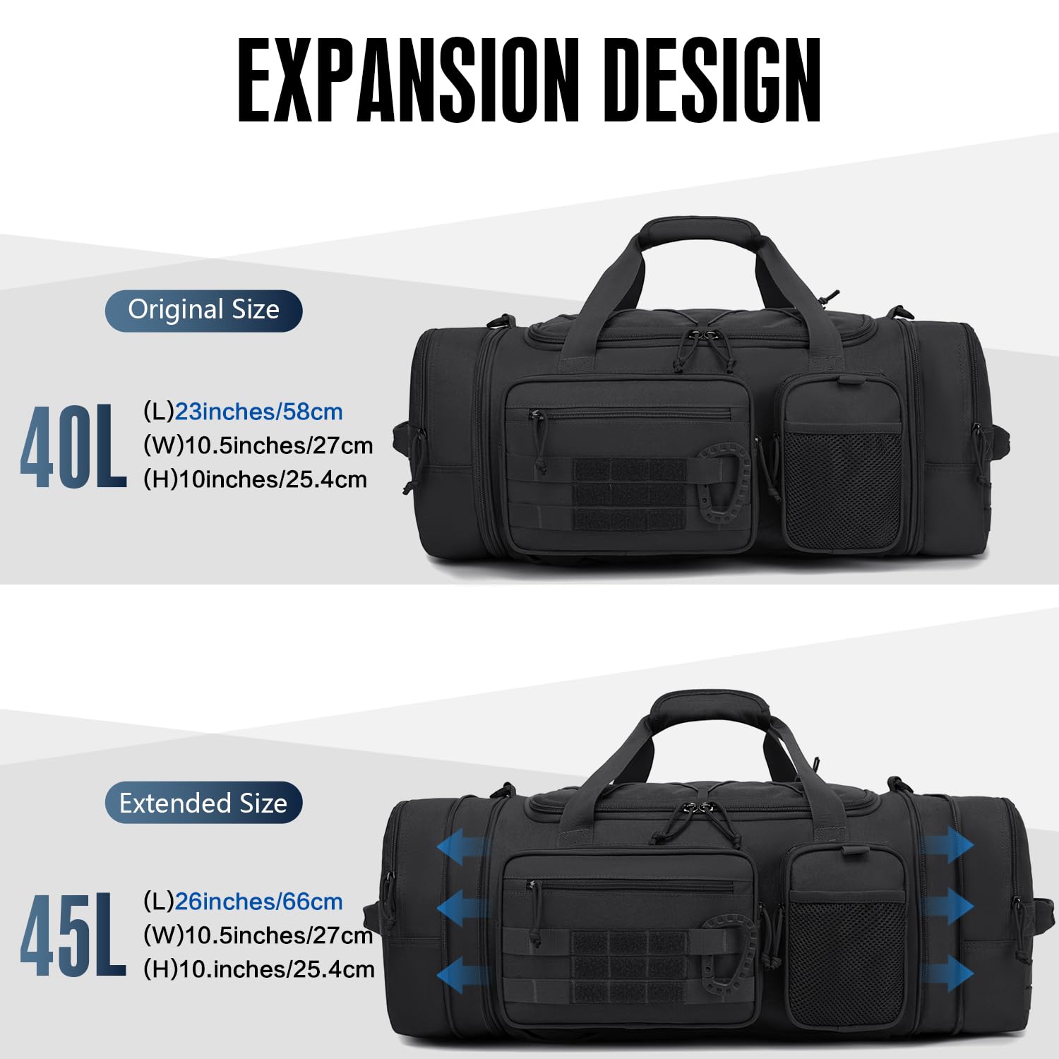 Taktische Reisetasche Sporttasche 40-45L Erweiterbar 3-in-1 Sporttaschen Herren Mittel mit Schuhfach Nassfach und Rucksackfunktion Trainingstasche Damen für Militär Fitness Gym Sauna, Schwarz