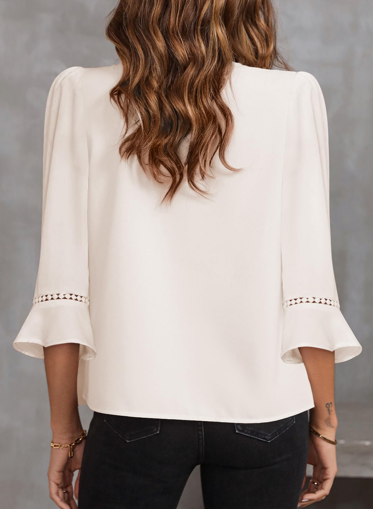 EVALESS Women's 3/4 Sleeve Tops Dressy Casual Pleated V Neck Business Work Blouses Office Shirts