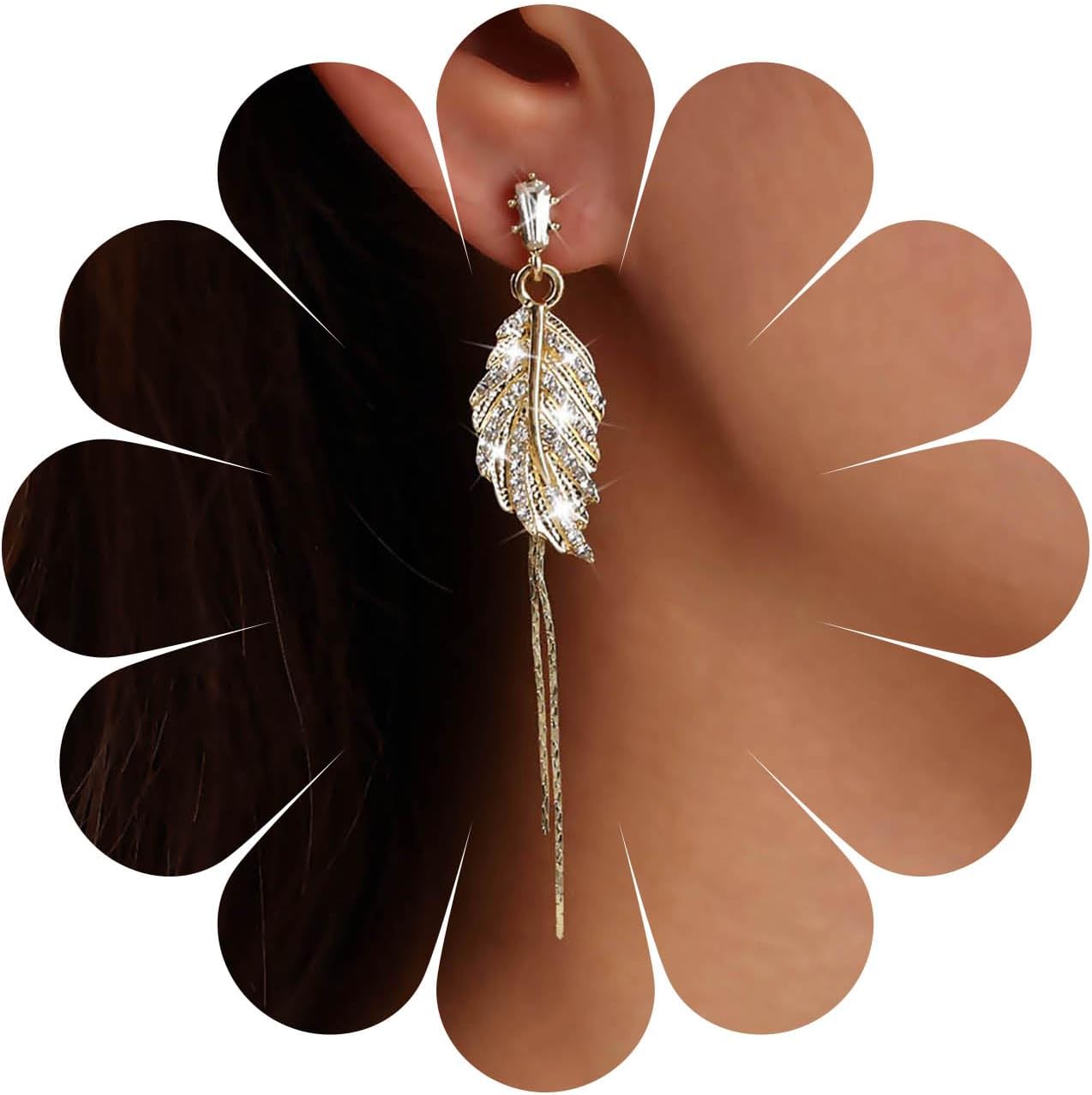Vintage Crystal Leaf Dangle Earrings Rhinestone Leaf Drop Earrings Sparkly Cz Leaf Hook Earrings Gold Long Tassel Chain Earrings Jewelry for Women