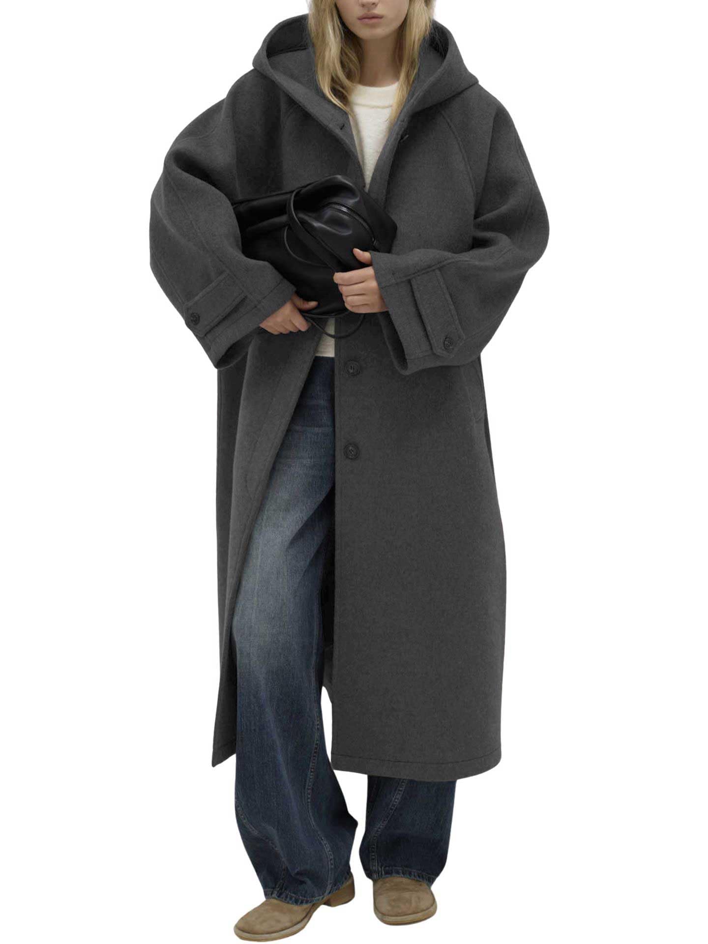 chouyatou Womens Winter Wool Trench Coat Single Breasted Warm Long Overcoat Jacket Coat with Hood