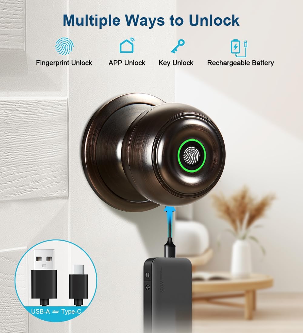 Fingerprint Door Lock, Smart Fingerprint Door Knob with Lock, Biometric Door Locks with App Control & Key, Keyless Thumbprint Entry Door Locks for Bedroom, Front Door, Home-Oil Rubbed Bronze