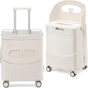 22'' Hardside Ride-On Suitcase with Seat for Kids & Adults – Travel Luggage with 360° Spinner Wheels, Lockable TSA Lock & Seat Belts, Foldable Stool for Airport Waiting
