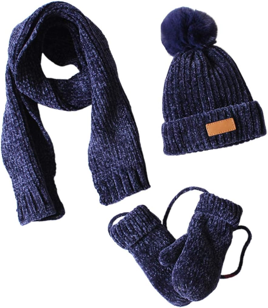 Scarf,3 In 1 Toddler Kids Winter Ribbed Knit Warm Hat Scarf Gloves Set Solid Color Beanie Cap Shawl Mittens Scarf
