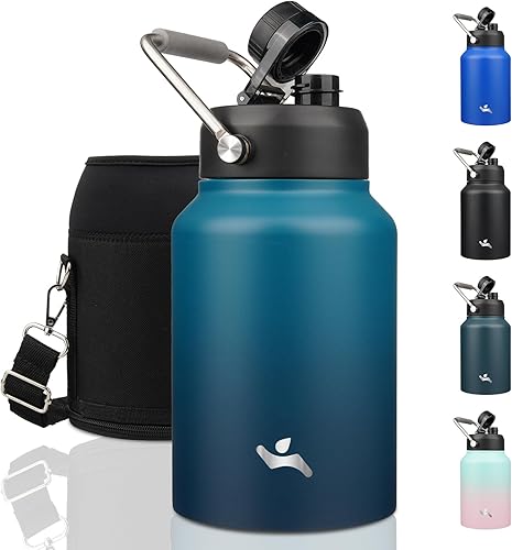 Miniatura 34 de Jarra de medio galón con asa, botella de agua aislada de 64 oz con bolsa de transporte, botella de metal de acero inoxidable de doble pared con Día