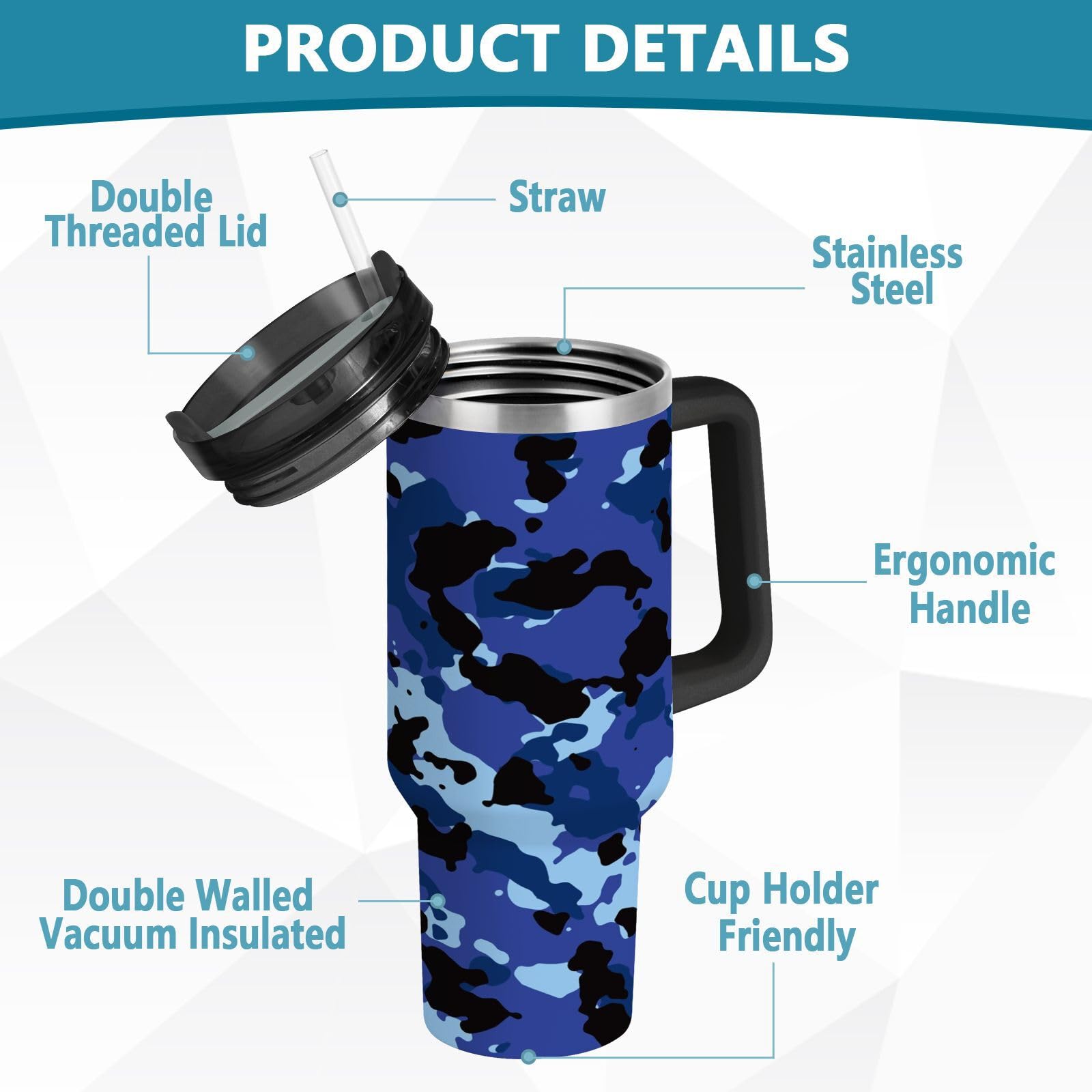 Isolierter Trinkbecher, doppelwandig, Edelstahl, Thermobecher, Reisebecher mit Griff, Strohhalm-Deckel, Blau
