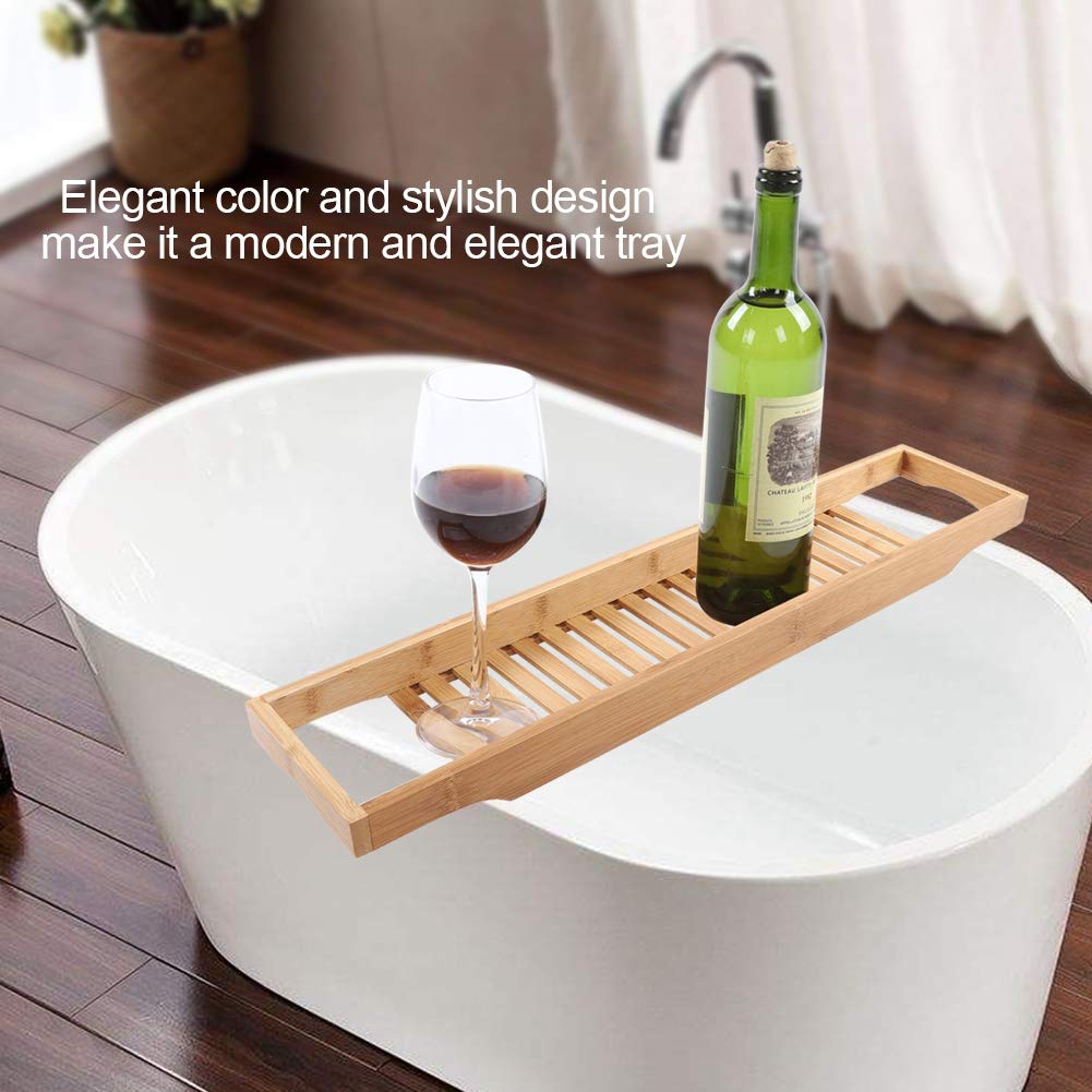 Cocoarm Wielofunkcyjna bambusowa wanna tacka na butelkę wina stojak na butelkę wannę caddy, łazienka taca wanna uchwyt na wino uniwersalny 69,4 x 15,3 x 4,8 cm wanna tacka na Caddy solidna naturalny bambus