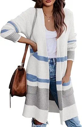 Lovaru Womens Boho Open Front Cardigan Colorblock Long Sleeve Loose Knit Lightweight Sweaters