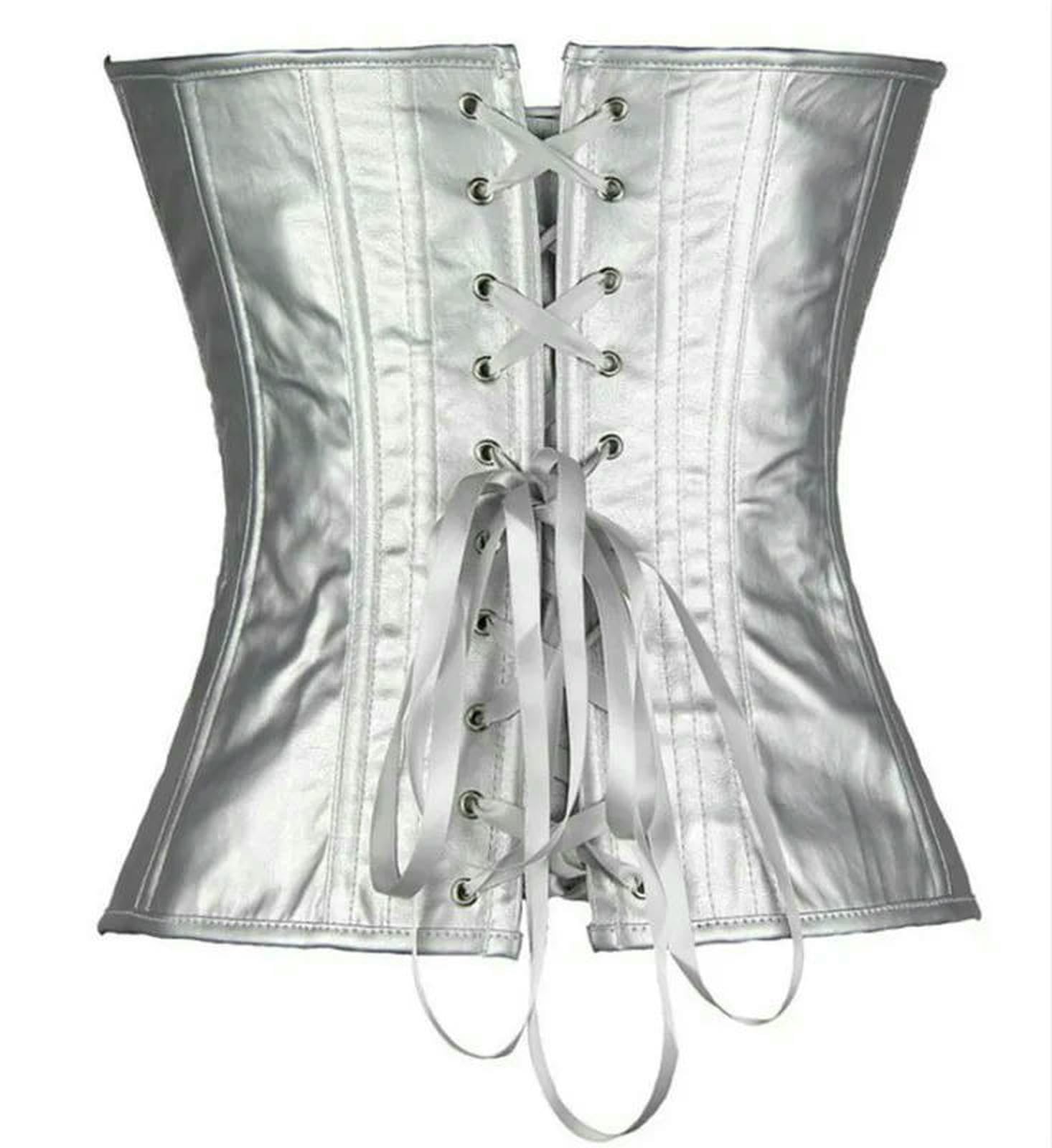 Trener talii Body Shaper dla kobiet Gorset Gorset Faux Leather Overbust Showgirl Clubwear Sexy Burlesque Zipper Front Zip Costume Steampunk Top Plus Size Silver-2797-srebrny-L