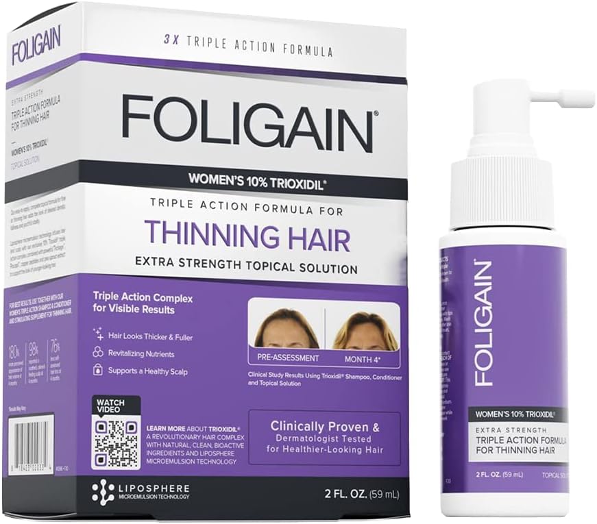 Foligain Triple Action Formula for Thinning Hair, Hair Volumizing Formula with 10% Trioxidil for Women, 2 Fl. Oz.