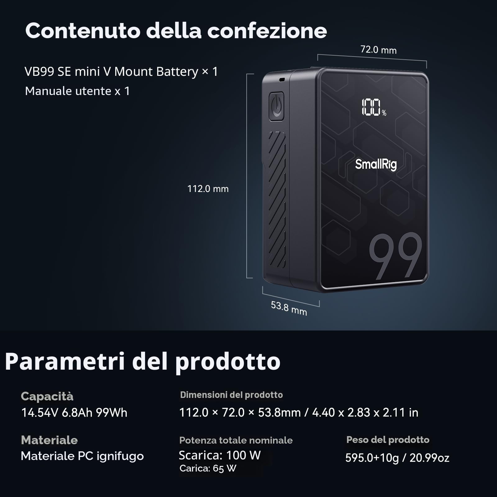 SMALLRIG VB99 SE Batteria con Attacco V, Batteria da 99 Wh / 6800 mAh con Ricarica Rapida USB-C PD 65 W, con D-TAP, USB-A, Doppia Porta DC, Schermo OLED, per Fotocamera, Videocamera, Monitor - 4823