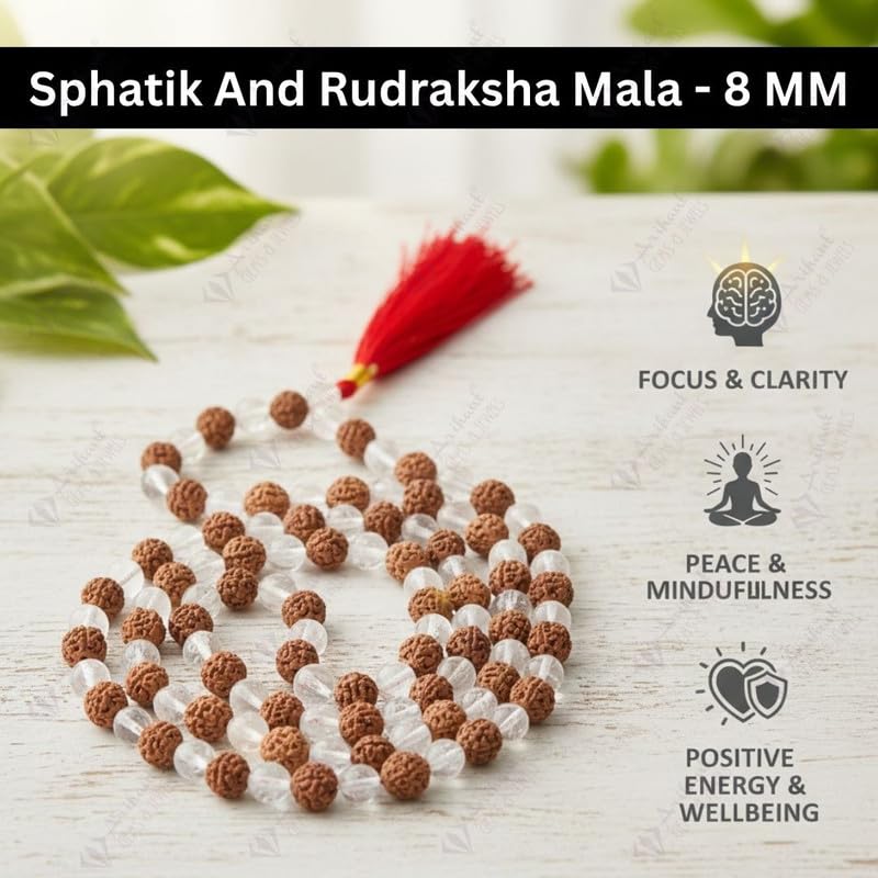 Image of Arihant Gems and Jewels Sphatik /Crystal Jaap Mala for Pooja (54+1 Beads) | Natural & Certified | Astrological Beads with Positive Effect | Unisex Both for Men & Women (Sphatik and Rudraksha Mala)