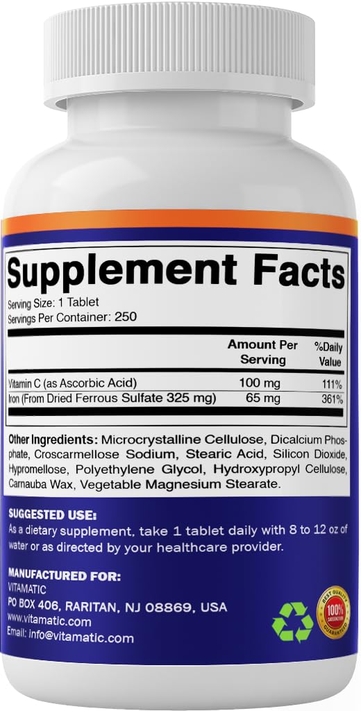 Vitamatic Ferrous Sulfate 325 mg with Vitamin C 100 mg (65 mg Elemental Iron) Coated Tablets – High Potency Iron Supplement – No Artificial Colors – Made in USA — Amazon image 8