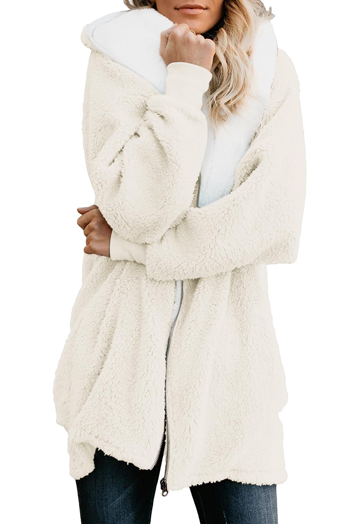 ReachMe Womens Fleece Zip Up Jacket with Pockets Oversized Long Sherpa Hoodie Fuzzy Jackets Warm Teddy Coat