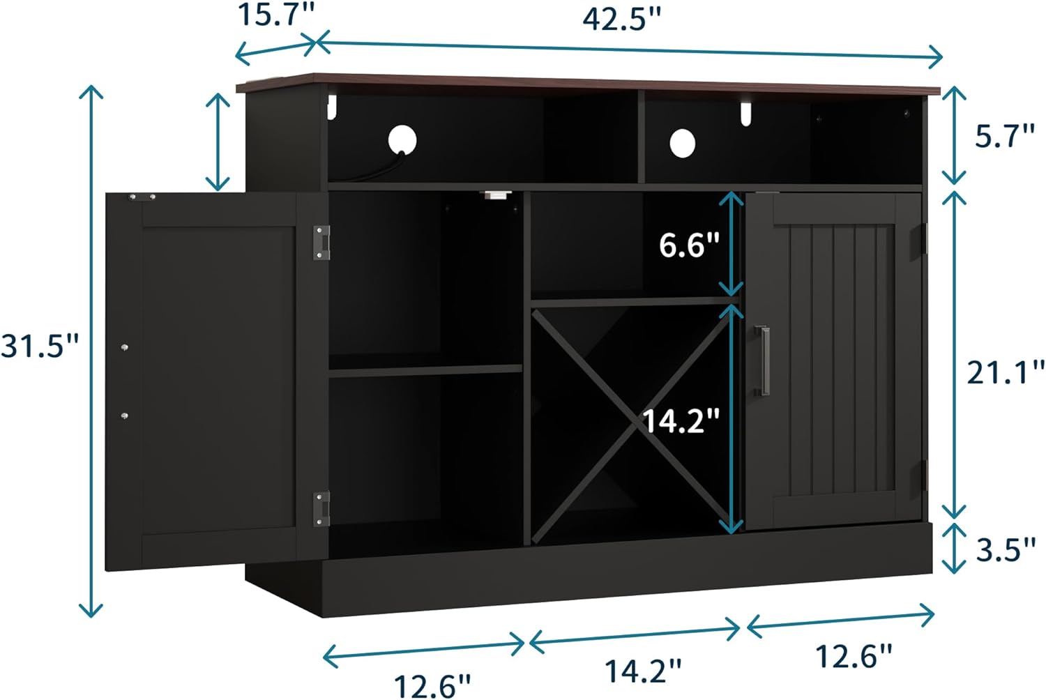Farmhouse 42.5" Buffet Cabinet with Prower Outlets, Large Sideboard Storage Cabinet with Wine Rack. Wooden Coffee Bar Cabinet for Kitchen, Black