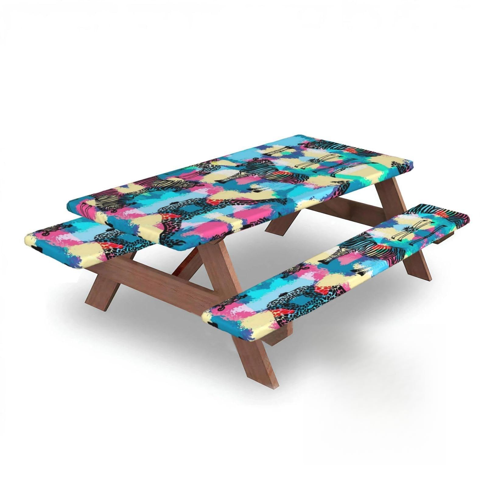 ESNAIUVCD Colored Zebra Print Picnic Table Cover With Bench Covers,Camping Essentials,Fitted Tablecloth Cover With Elastic Edge, For Indoor & Outdoor 3 Pcs