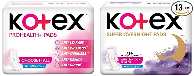 Kotex Day + Night Sanitary Pads Combo | 7 XL+ size ProHealth+ Pads + 6 XL+ size Super Overnight Pads | Dry Topsheet + Soft Wings & Sides | Leak proof + Rash free pads for women | 13 Sanitary Napkins at Rs. 98