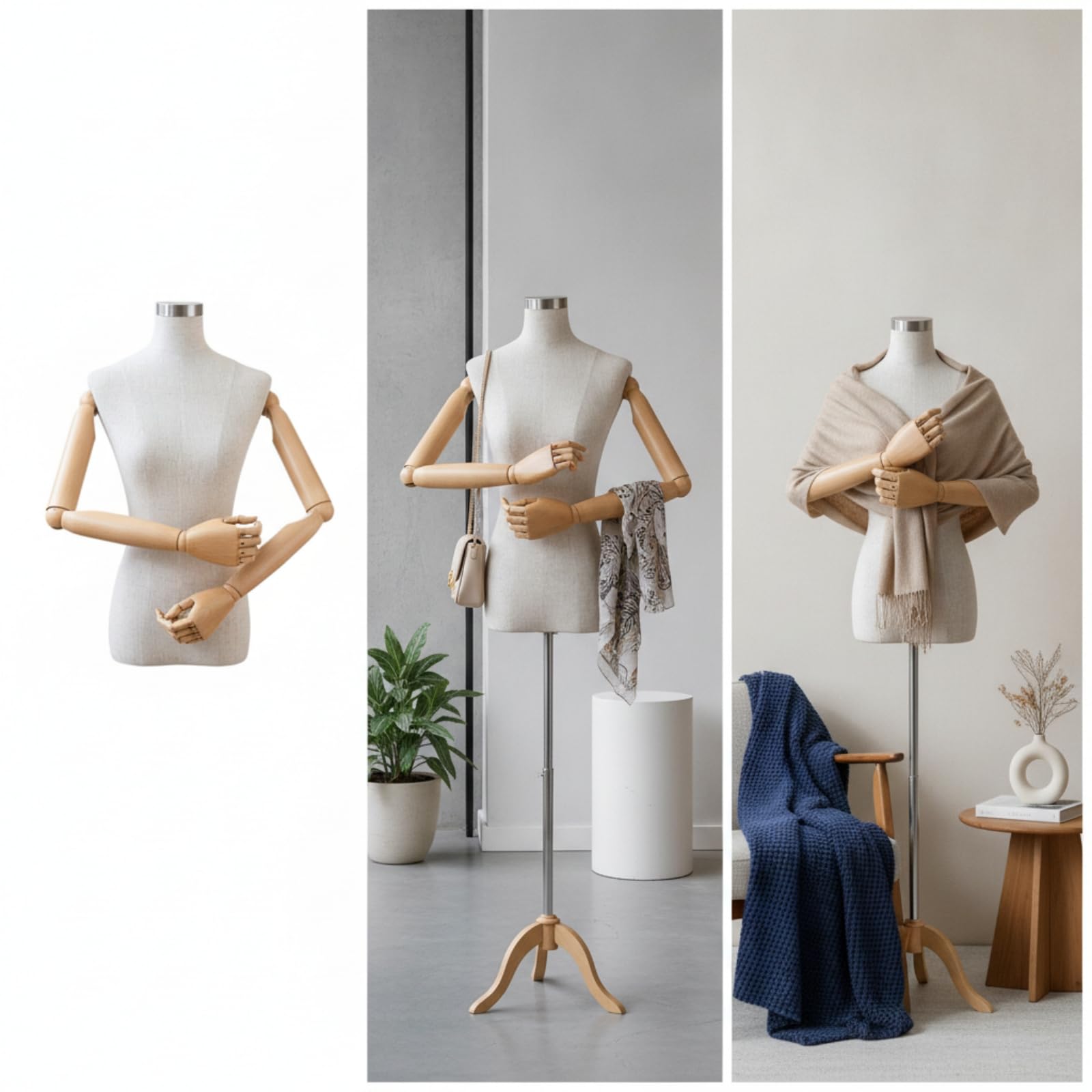 Schaufensterpuppe mit Holzarmen Stoffbezogen Schneiderbüste mit Armen Leicht Schaufensterpuppe Armen für Stylisten, Atelier
