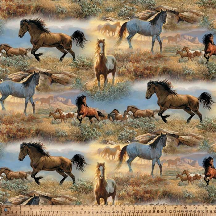Horses Cotton Fabric, 1-Yard Pre Cut Pieces