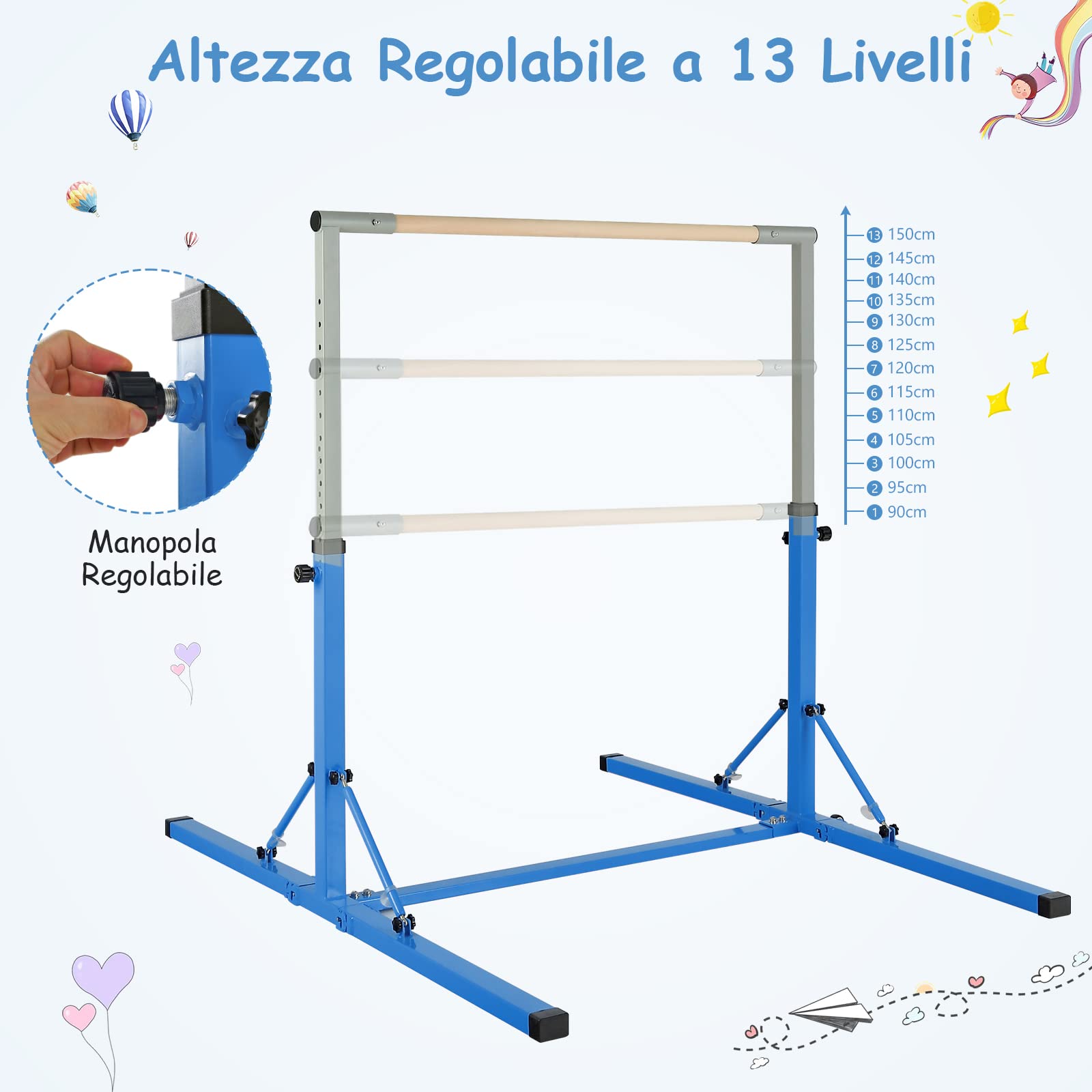 COSTWAY Barra per Ginnastica e Danza per Bambini Pieghevole Portatile, Sbarra Parallela in Metallo e Legno con 13 Altezze Regolabili, Portata 100 kg