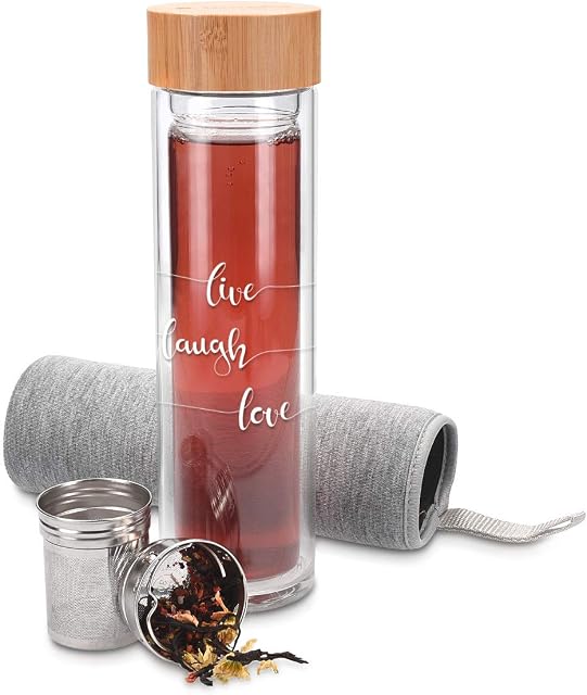 Navaris Glass Water Bottle 500ml - Double Wall Borosilicate Glass Tea Bottle with Stainless Steel Infuser, Bamboo Lid, Non-Slip Neoprene Sleeve (Grey)