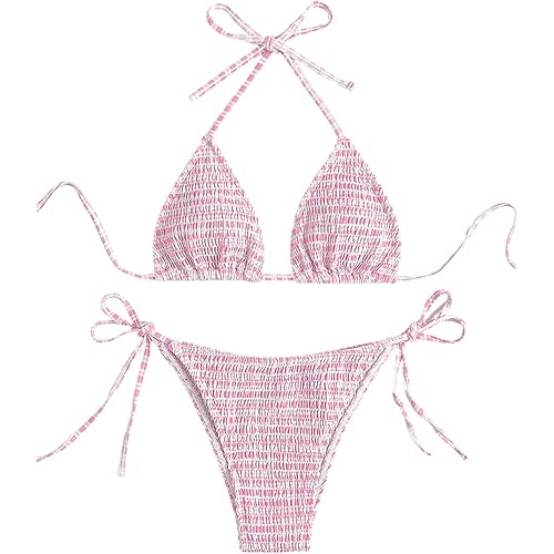 SOLY HUX Women's Plaid Gingham Bikini Sets Halter String Triangle Tie Side Bathing Suit Two Piece Swimsuit