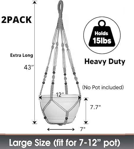 Miniatura 3 de Paquete de 2 colgadores de macramé de 43 pulgadas para macetas de 12 pulgadas + gancho (extra largo y grande), maceta colgante grande para plantas
