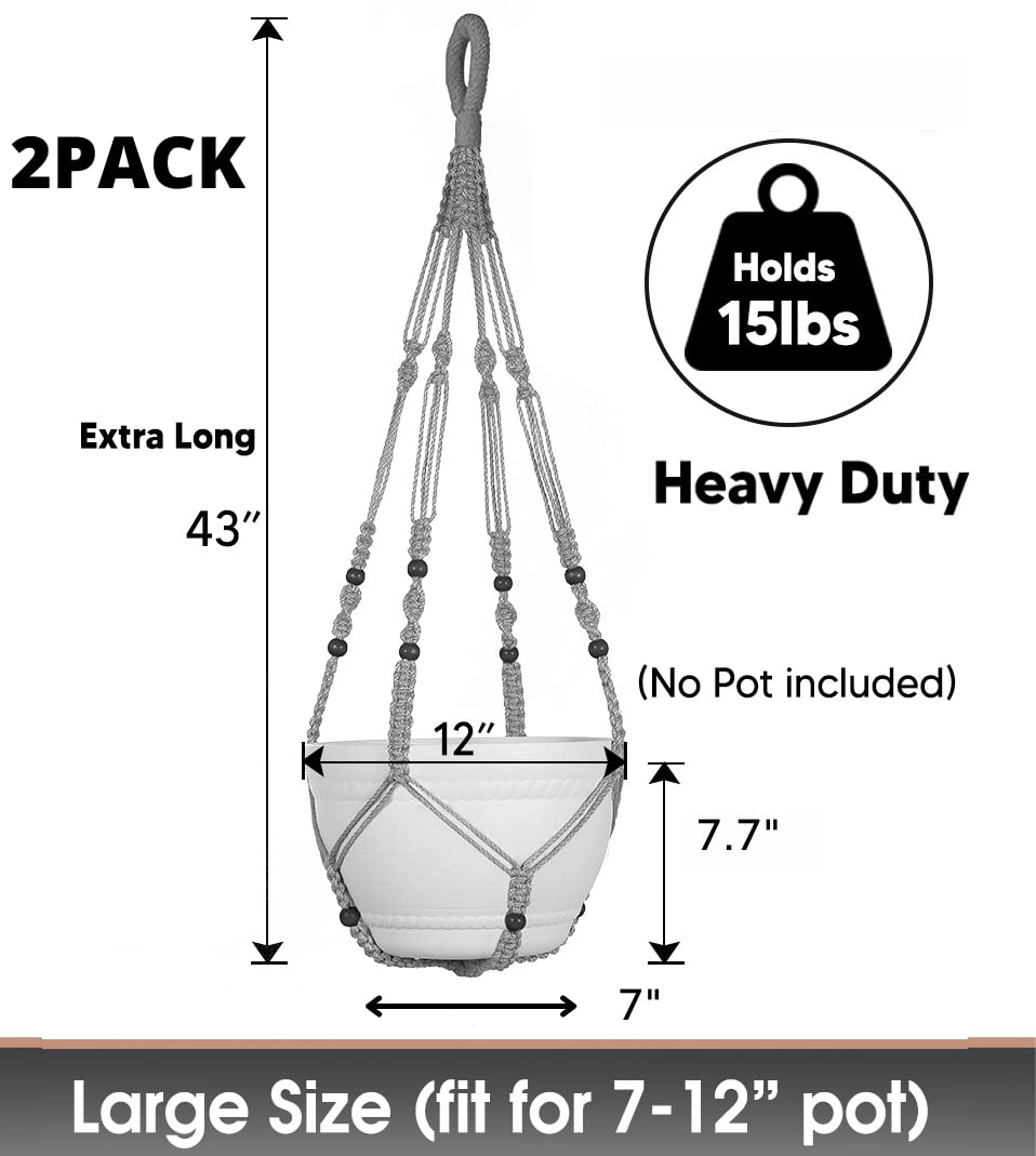 2 Stück Eco Joy 109 cm Makramee-Pflanzgefäß-Aufhänger groß für 30.5 cm Topf + Girlhaken,extra lang,Hängender Pflanztopf für Zimmerpflanzen, kein Topf/Pflanze im Lieferumfang enthalten (grau)