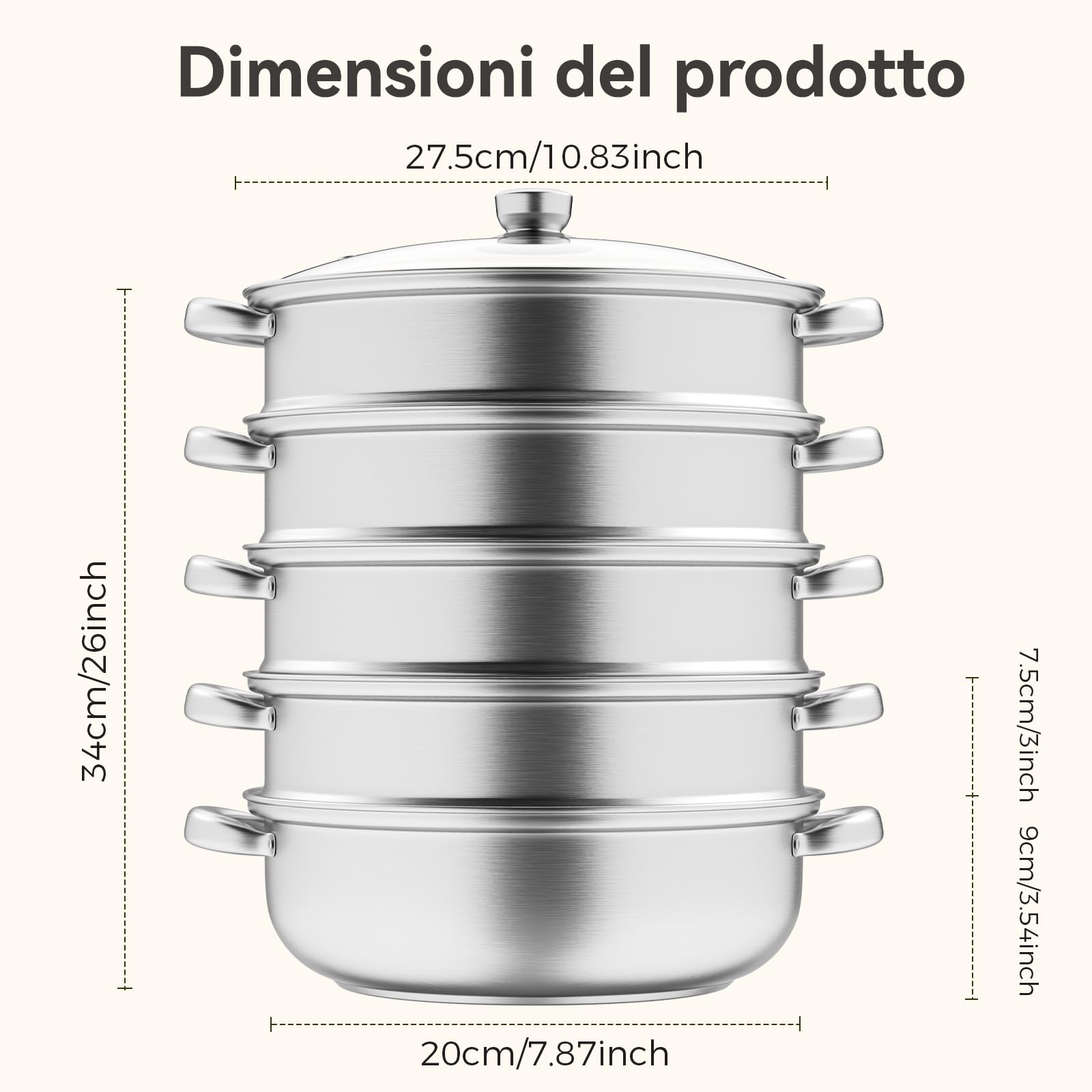 Vaporiera per cucinare Pentola per cottura a vapore in acciaio inossidabile da 28 cm con cestello per cottura a vapore, pentole a 3/4/5 livelli con coperchio per cucinare verdure, zuppe (5 livelli)