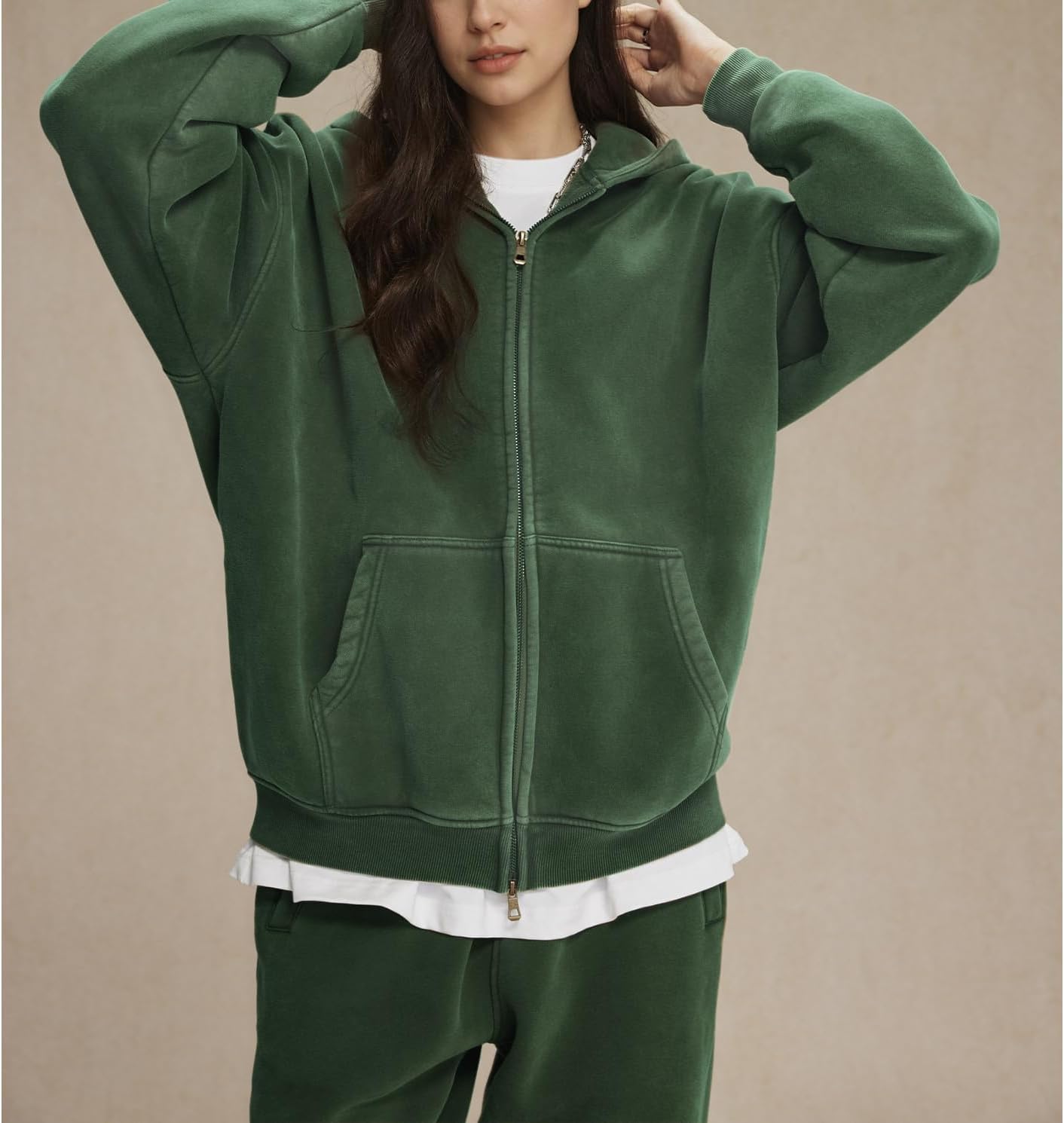 Womens Double Zip Up Hoodies Oversized Heavyweight Fleece Sweatshirt Acid Wash Hoodie Vintage Distress Cotton Jacket - Image 8