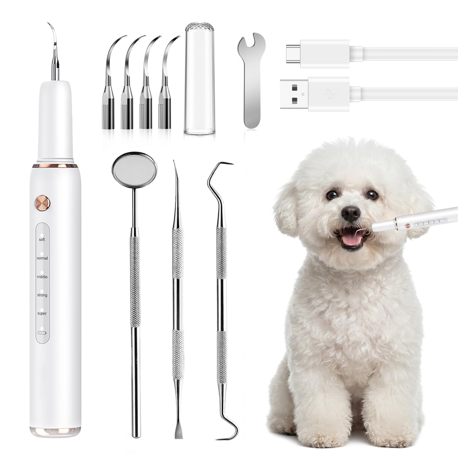 Removedor de sarro ultrasónico, juego de limpieza de dientes ultrasónico para perros, limpiador dental para mascotas, 5 modos ajustables, herramientas de limpieza de dientes para perros y