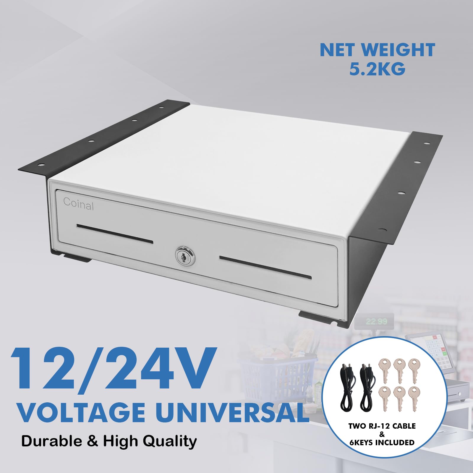 Cassetta portavalori, bianca, 4 scomparti per riporre banconote, 5 scomparti per monete, grande capacità, 12 V universale, RJ12, adatta per uso domestico o negozio.