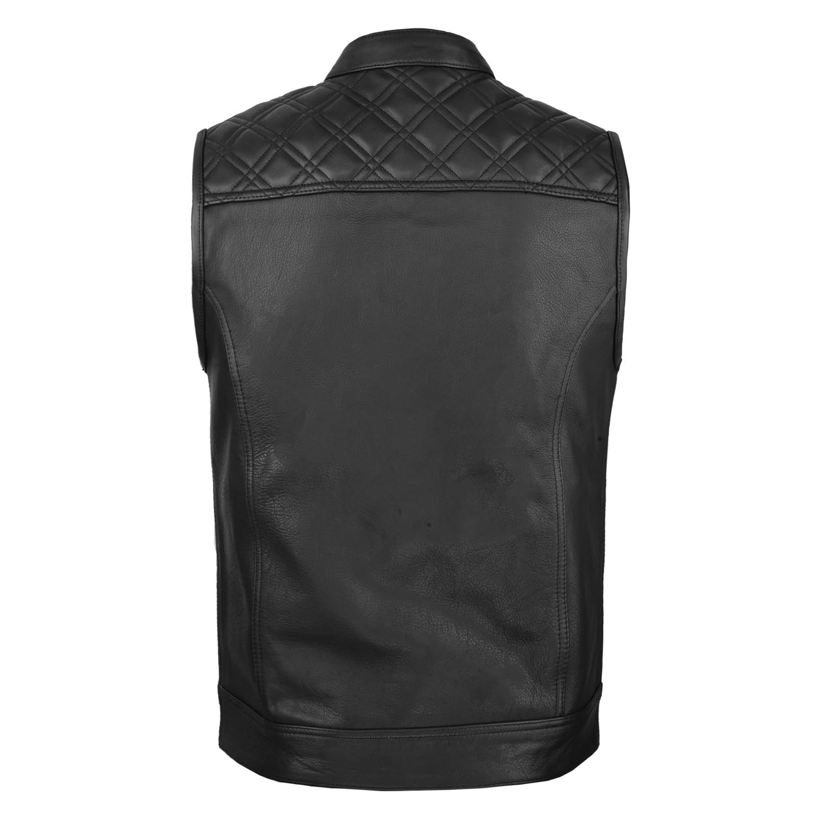 Leatherick Groove Club SOA estilo Chaleco de motocicleta de cuero genuino negro para hombre - Chaleco de transporte oculto con costuras de diamante