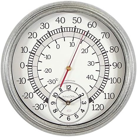 Sterling & Noble Wall Clock with Built-in Thermometer Galvanized Metal