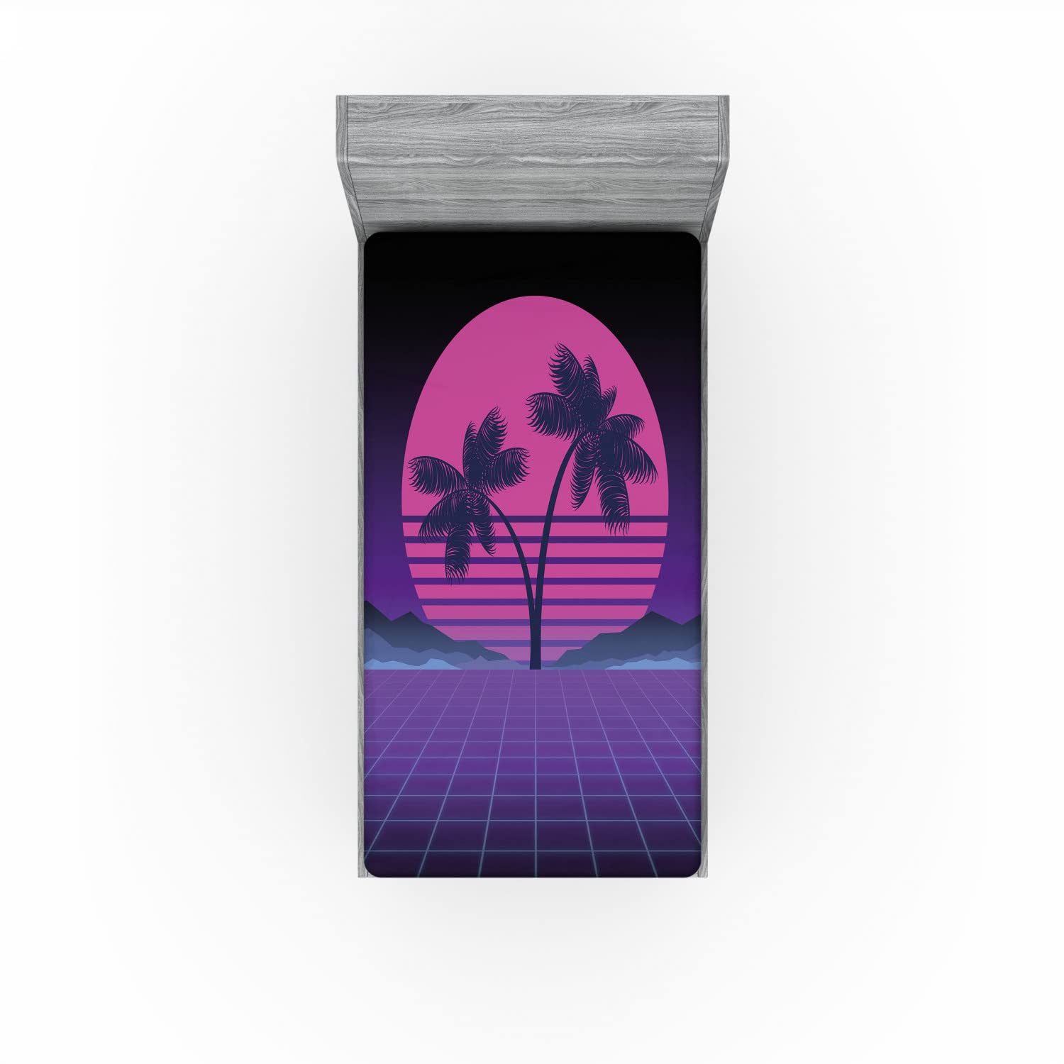 Ambesonne Synthwave 2 Pack Fitted Sheet, Striped Moon Exotic Palms, Bed Cover All-Round Elastic Deep Pockets 2 Pieces, Package Contains 2 Twin Size Fitted Sheets, Indigo Purple Pink