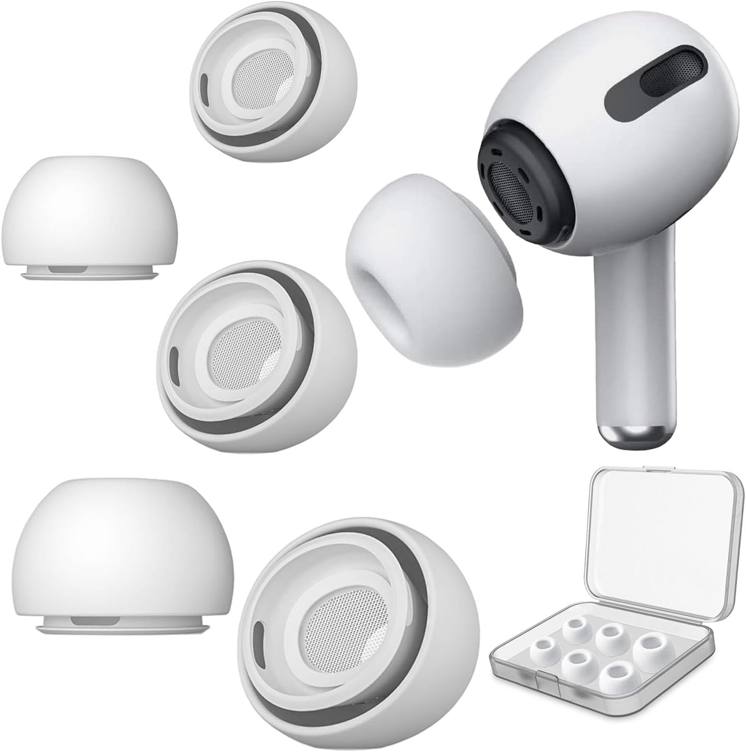 W&Y 3 Pairs AirPods Pro & 2nd Gen Replacement Ear Tips – Noise Reduction Silicone Earbuds with Dust Protection – Includes Portable Case for Original Charging Case (S/M/L) – White