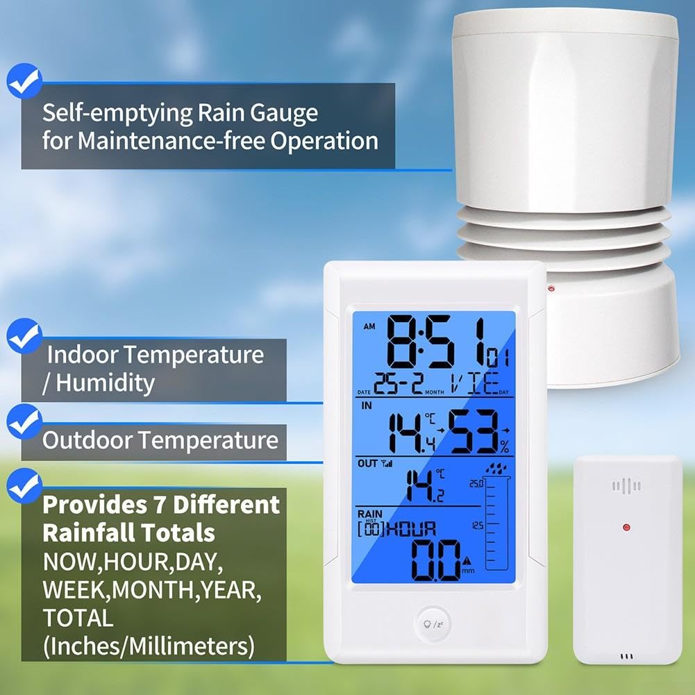 Station météo radio avec pluviomètre, alarme, calendrier, affichage