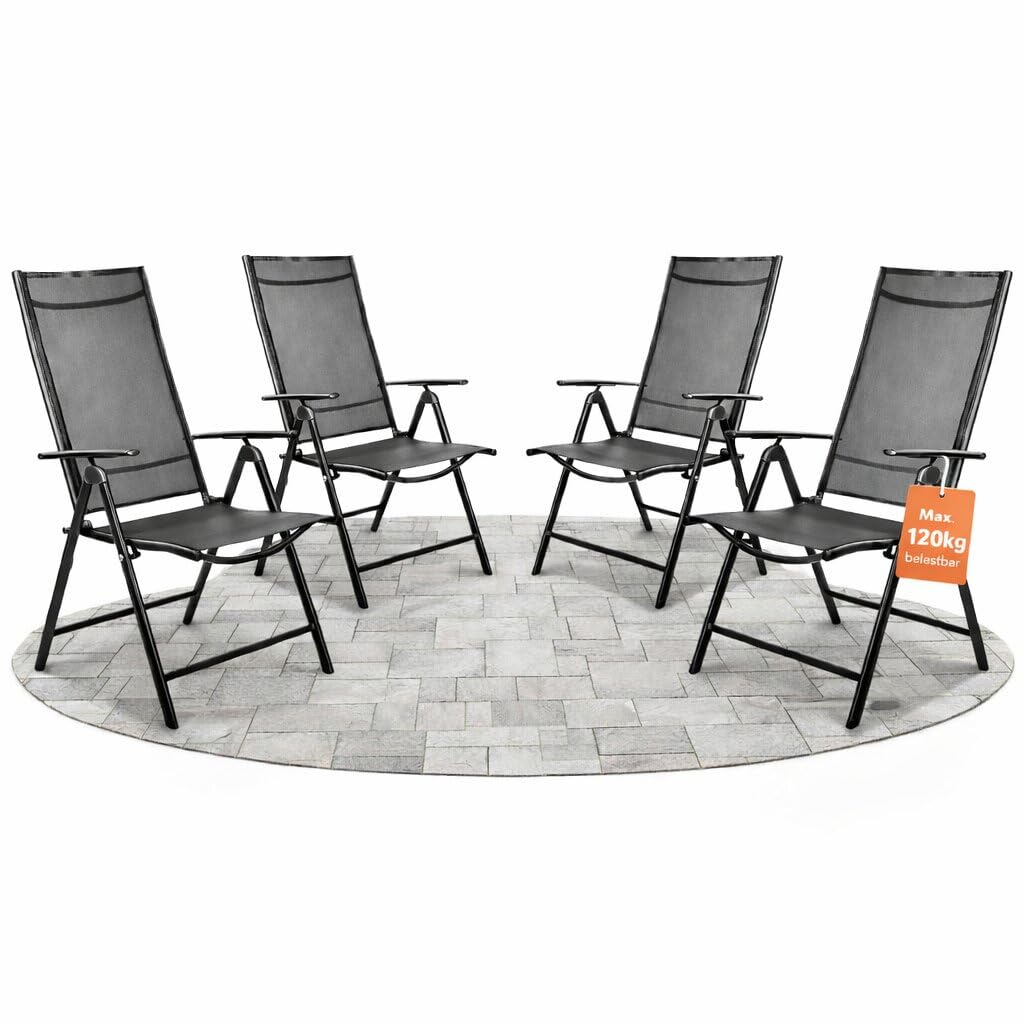BigDean 4 Gartenstühle Hochlehner klappbar bis 120kg belastbar grau schwarz | 7-fach verstellbarer Balkonstuhl für Garten Terrasse & Camping - Klappstuhl Balkon Gartenstühle