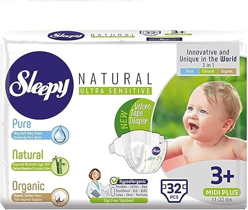 SOHO Pañales para bebé Sleepy Natural, hechos de algodón orgánico y extracto de bambú, máxima comodidad y sequedad, pañales desechables (talla 3 +)