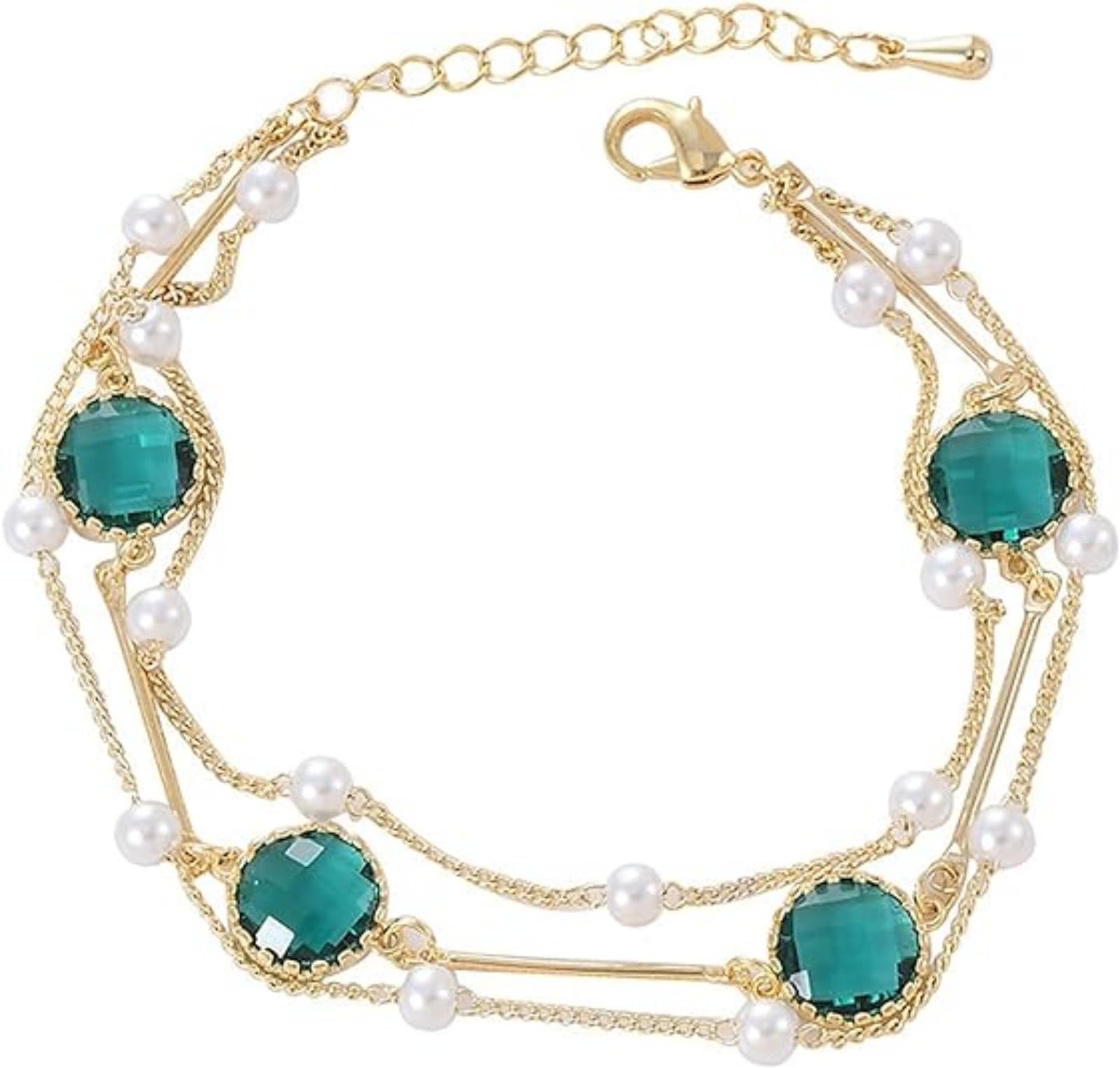ENQLOZEmerald Zircon Bracelet, Dainty Simple Bracelets for Women Adjustable Three Layer Zircon Pearl Bracelet Christmas Gifts, medium size, green