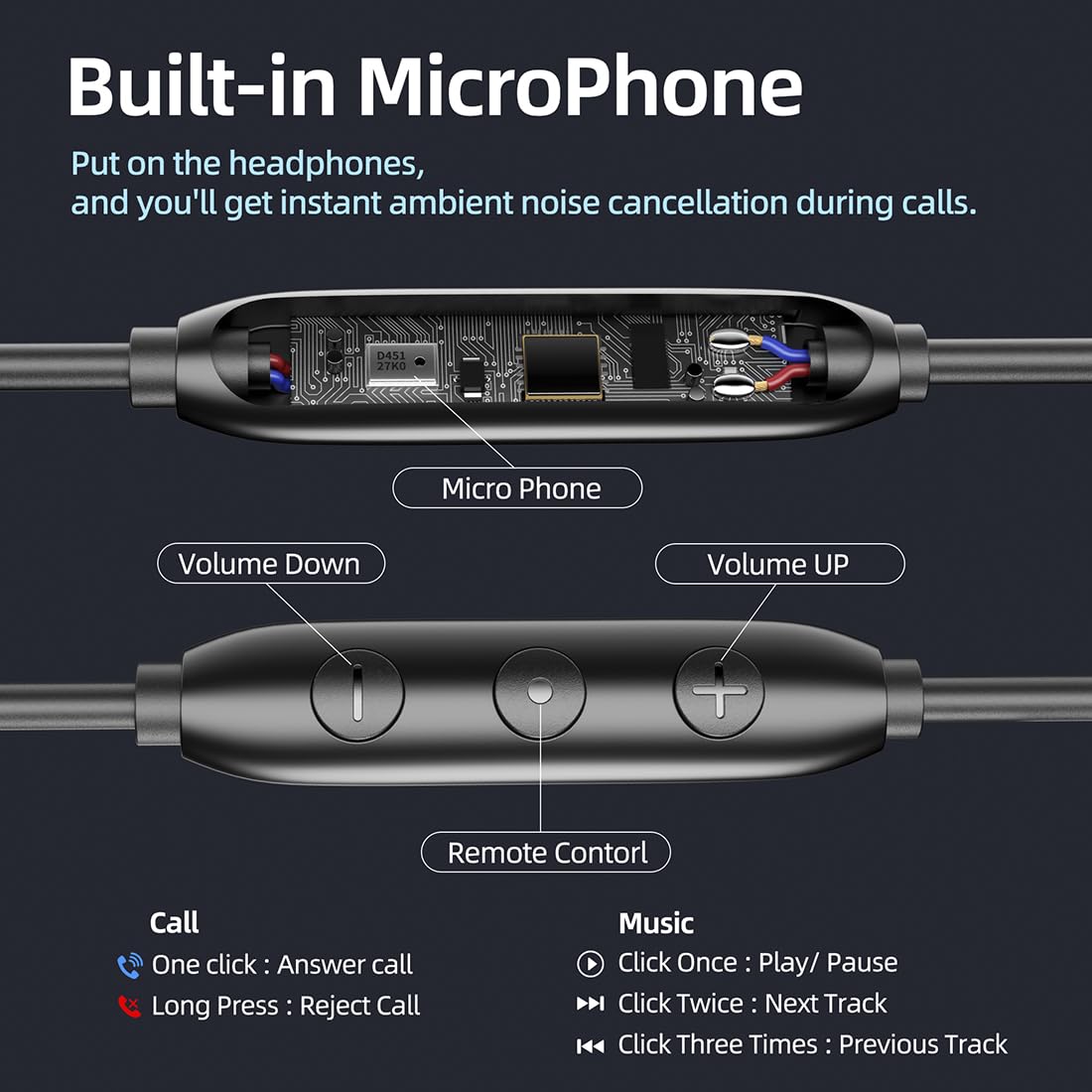 Cuffie intrauricolari multiuso con cavo, bassi profondi, cancellazione del rumore, chiamate chiare, modalità sport, auricolari cablati con microfono riduzione del rumore, compatibili con iPhone 17, 16