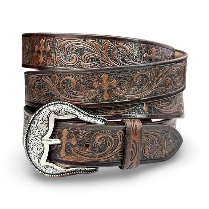 Western Cross Leather Belt for Men Handmade Religous Full Grain Cowboy Leather Belt 1.5” Wide Engraved Embossed Tooled