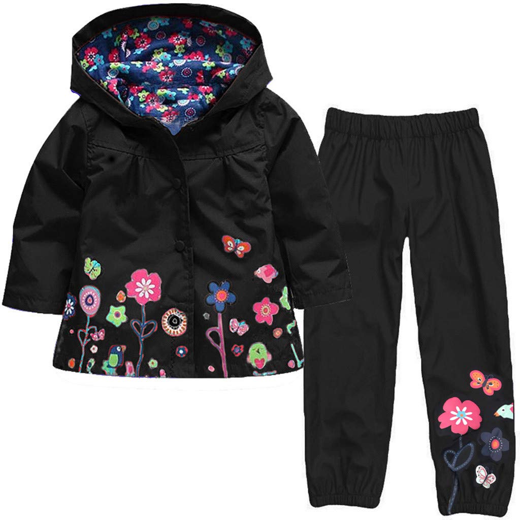 RNTOP Kids Girl Boy Waterproof Hooded Coat Jacket Outwear Toddler Rain Suit Raincoat Hoodies with (Black, 18-24 Months)