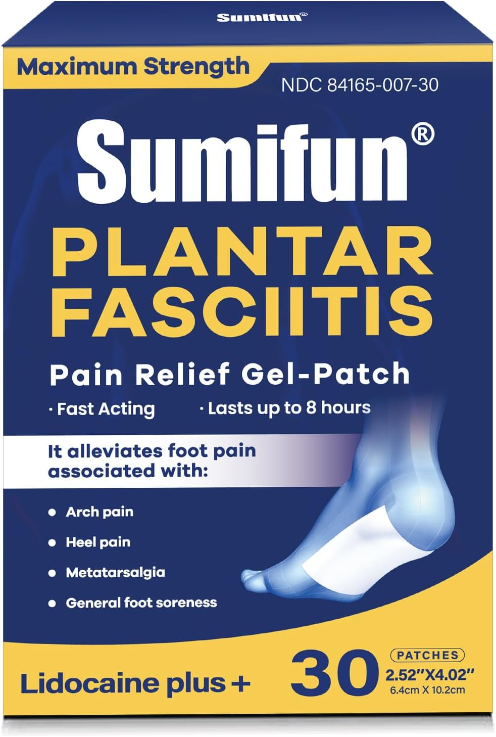 Sumifun Lidocaine Patches for Plantar Fasciitis Relief & Foot & Arch & Heel Pain, 4% Lidocaine Plus 1% Cooling Menthol Pain Relief Patches, Up to 8 Hours Pain Relief, 6x10cm (Large, Count, 30)
