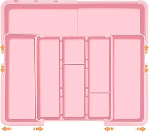 Large Utensil Drawer Organizer Expandable Silverware Organizer for Kitchen Drawer Adjustable Cooking Utensil Holder Cutlery Flatware Tray Spatula Tools Gadgets Storage Dividers Plastic Pink