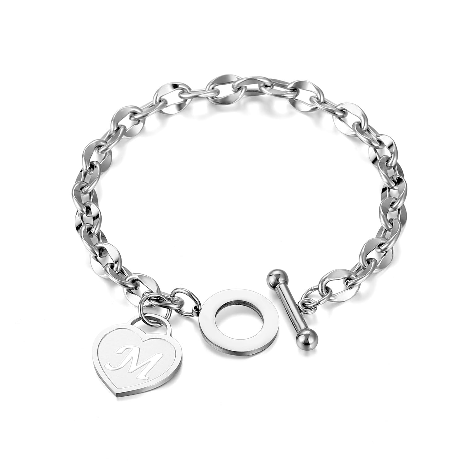 Braccialetto da donna con ciondolo a forma di cuore con iniziale in oro 14 carati/argento, chiusura a T, con chiusura a forma di cuore dalla A alla Z, con nome, braccialetto regalo