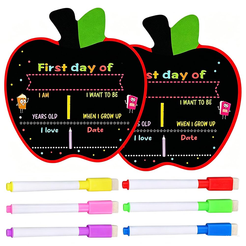 First Day and Last Day of School Chalkboard, Reusable Easy Clean Cute Cartoon Apple Blackboard, with Watercolor Markers & Eraser for Students DIY Photo Prop Commemorate Back to Schoo l Supplies