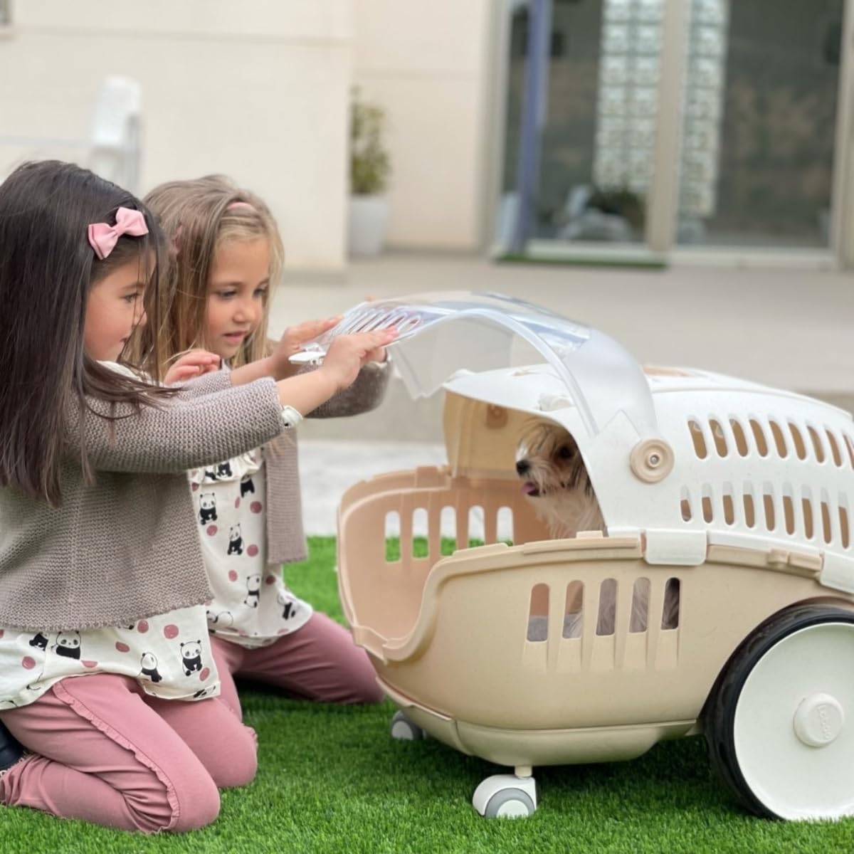 LOBOO - Bubble Sand Beige Tiertransporter, mit gut sichtbarer Kuppel, Schiebegriff und abnehmbarem Boden mit Schwenkrädern